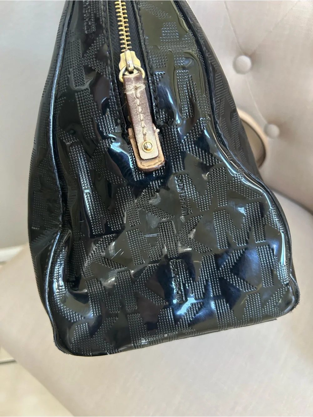 Michael Kors Black Patent Satchel with Beige Trim and MK Charm